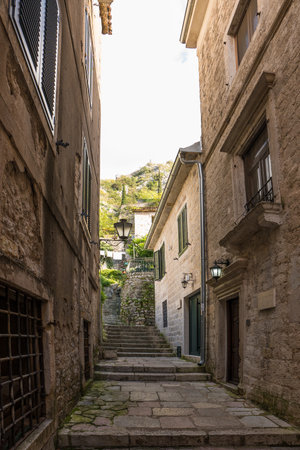 Picturesque medieval street in the old town district of the coastal city of Kotorの写真素材