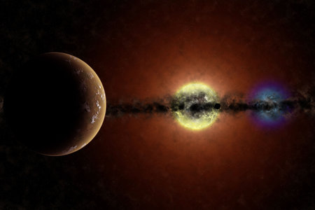 Imaginary planetary system with a red giant star and a white dwarf star. Visible a planet and a...