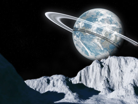 This hires illustration is a theoric reconstruction of a landscape of a cold moon in orbit around a...