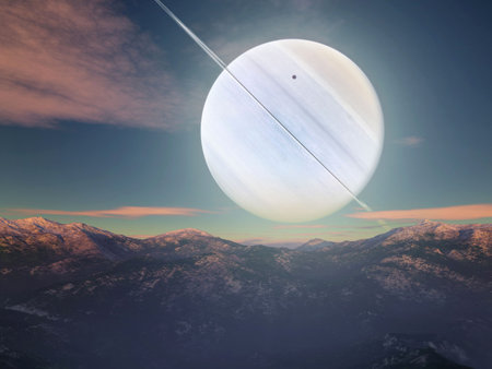 Vision of an imaginary landscape of a giant planet with rings 
