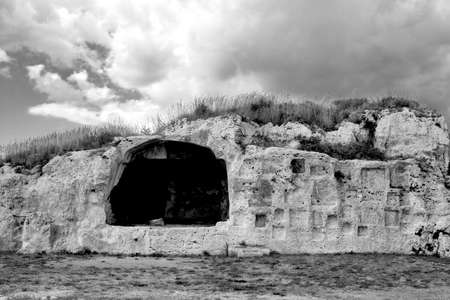 Ruins near Greek Theater, icons sepulchral. Syracuse Archeological Park.の写真素材