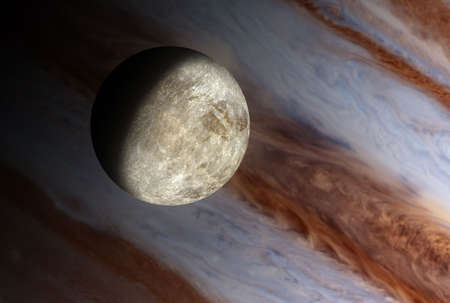 Small moon is a thoretical reconstruction of the small moon around a giant planet gaseous. In Backgroud the clouds of the giant planet.の写真素材