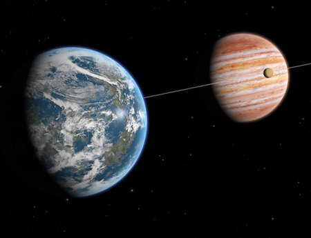 Theoretical reconstruction of a Extrasolar system. Visible an earth like planet in orbit around a...