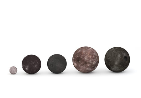 This image represents the size comparison between the moons of Uranus in a precise scientific 3D...