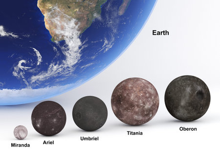 This image represents the size comparison between the moons of Uranus with Earth in a precise...