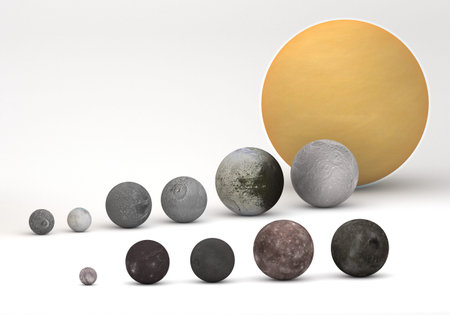 This image represents the size comparison between Saturn and Uranus moons in a precise and...