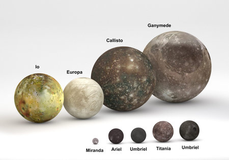 This image represents the size comparison between Jupiter and Uranus moons in a precise and...