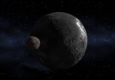 This image is a concept of the Orcus dwarf planet and your moon Vanth in a precise and scientific...