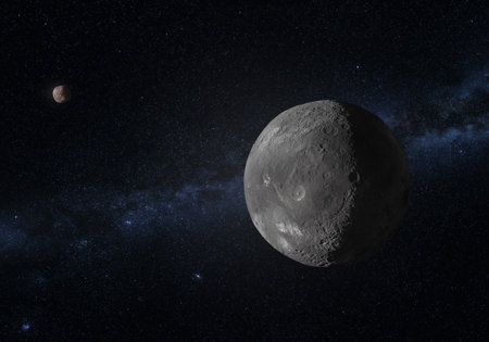 This image is a concept of the Orcus dwarf planet and your moon Vanth in a precise and scientific...