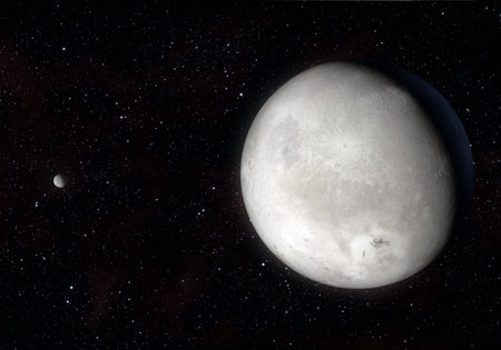 This image is a concept of the Orcus dwarf planet and your moon Dysnomia in a precise and scientific...