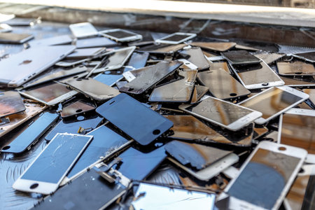 Czech Republic, Prague, 26.02.2018 - Lots of broken smartphone screens. 
