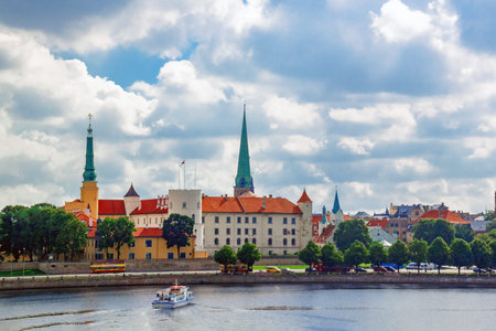 View of the old town in Riga with Castle of Latvian President in center  and river Dvina