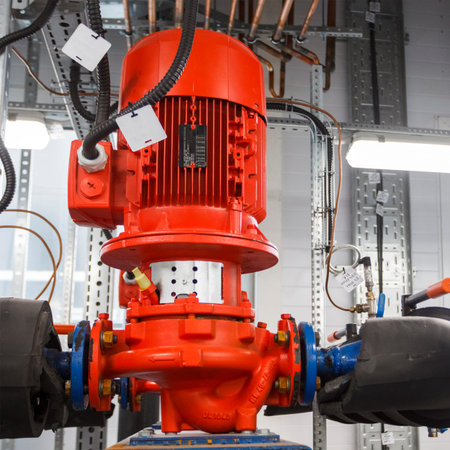 Red pump connected to pipes