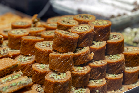 Baklava with pistachio, Turkish traditional dessert. Oriental sweetsの写真素材