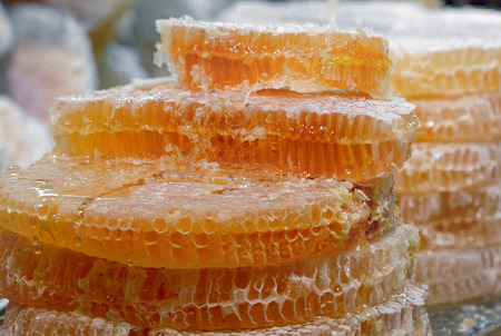 Honey in honeycombs is sold at the marketの写真素材