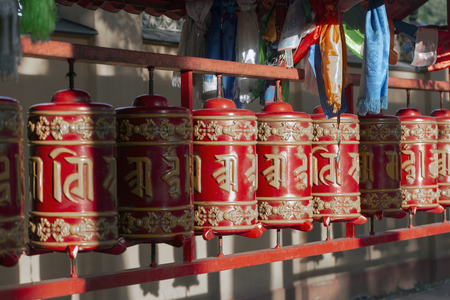 Buddhist red prayer drumsの写真素材