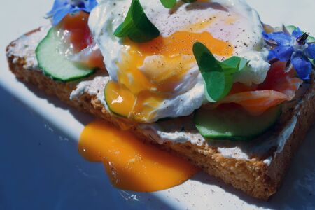 Smorrebrod, Danish Open Sandwich with Smoked Salmon, square with poached eggの写真素材