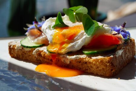 Smorrebrod, Danish Open Sandwich with Smoked Salmon, square with poached eggの写真素材