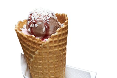 Chocolate ice cream in waffle cups. close up. isolateの写真素材