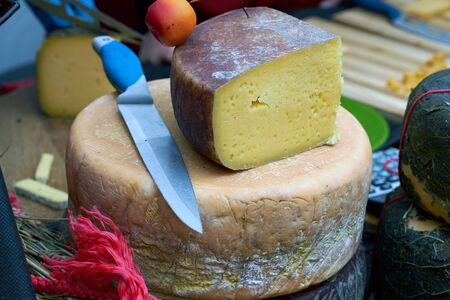 Assortment of tasty cheese on counter. black backgraungの写真素材