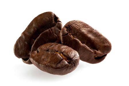 three coffee beans on white background. isolate. close upの写真素材