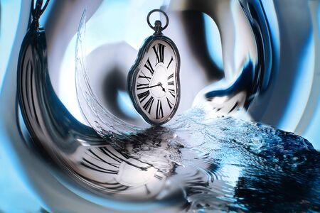 Reflection of the clock in the mirror surface. Concept: Time flows, changes, transforms.              の写真素材