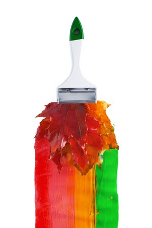 paint brush with bristles made of autumn maple leaves paint the autumn colors. concept: autumn creative, sale, black Friday. the view from the top, horizontal frame, space for records, isolate.の写真素材