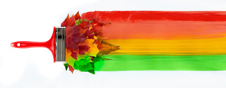 paint brush with bristles made of autumn maple leaves paint the autumn colors. concept: autumn creative. space for records, isolate.の写真素材