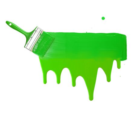 green paint stripe with smudges painted by brush, paint drop, white background, copy space, isolateの写真素材