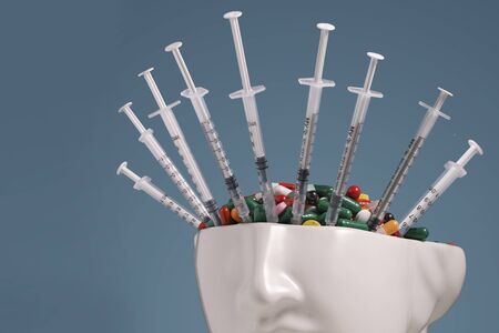 A statue in a crown of syringes and pills. Concept: coronavirus, COVID-19. Blue background, space for textの写真素材