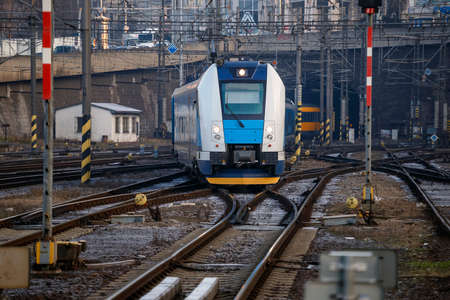 modern train rides on railway tracks, front viewのeditorial素材