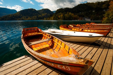 Boat at the pier of the Bled Island, Lake Bled, Slovenia.の写真素材