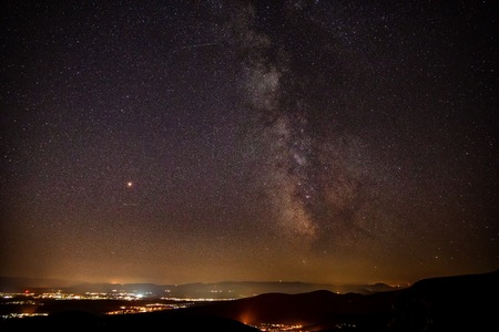 night landscape mountain and milkyway galaxy background , thailand , long exposure ,low lightの写真素材
