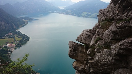 bird view of a lake in Austria moonlakeの写真素材