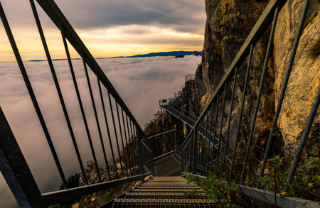 beuatiful landscape of the mountain at Hohe Wand in front of with sea of fog in Austria.