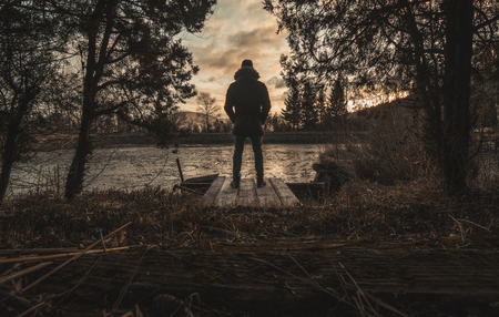 Sunrise over a lake in lower austria - first sunrise 2019の写真素材