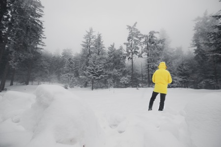 Back view closeup of Person wearing yellow jacket , walking in beautiful winter forestの写真素材
