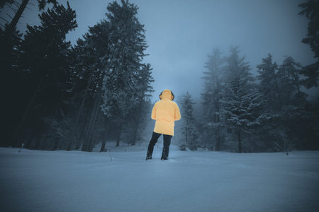 Back view closeup of Person wearing yellow jacket and hat, walking in beautiful winter season full...