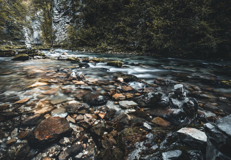 Vintgar gorge, Slovenia. River near the Bled lake with wooden tourist paths, bridges above river and...