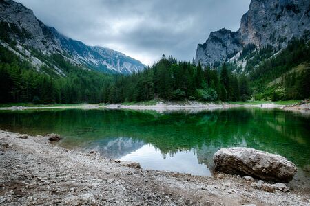 Landscape with mountains and turquoise lake-Gruener See,Styria,Austria.の写真素材