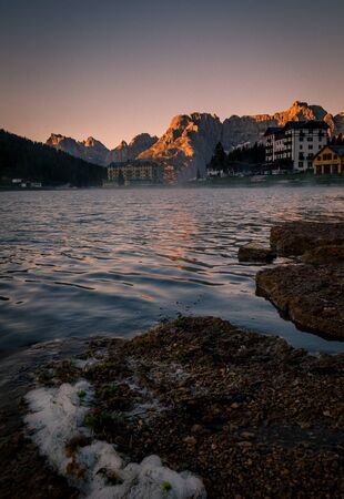 mountain reflection of lake Misurina during sunrise, Italyの写真素材