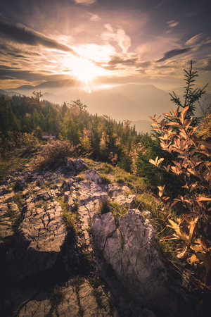 Autumn Sunset landscape in the mountains of Austria - Hohe Wand with colorful Forestの写真素材