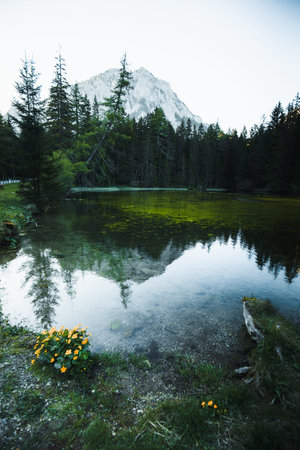 The Grüner See lake in Austria with the imposing Alps in the background