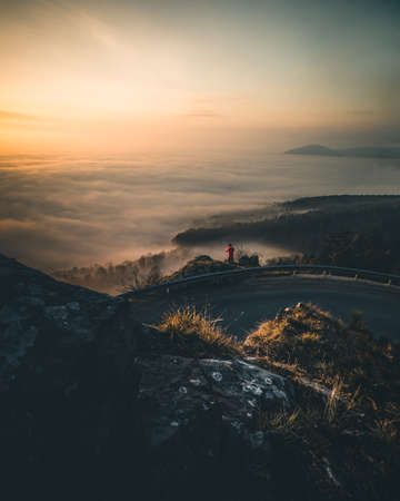 mountain view on a foggy morning in austria high wallの写真素材