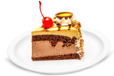 Chocolate cake isolated on white backgroundの写真素材