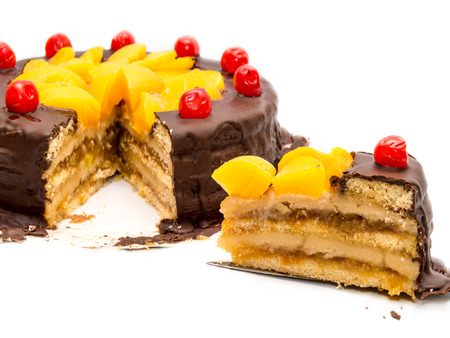 Chocolate cake isolated on white backgroundの写真素材