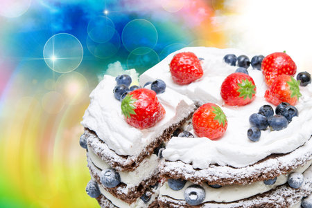 Birthday fruit cake with fruits close up