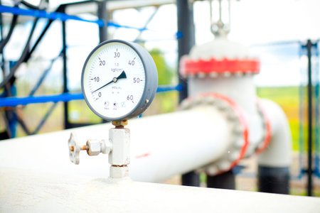 Oil and gas field. Structures, gas pipelines, oil pipelines, sensors.