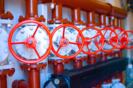 Oil and gas field. Gate valves that control the flow of gas from wells