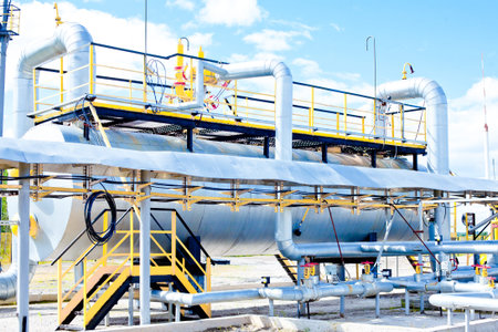 Oil and gas field. Structures, gas pipelines, oil pipelines, sensors.
